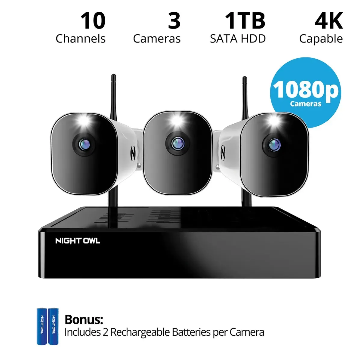 10 Channel 4K Bluetooth Wi-Fi NVR with 1TB Hard Drive and 3 Wire Free (Battery) 1080p Spotlight Cameras with 2-Way Audio and Audio Alerts and Sirens