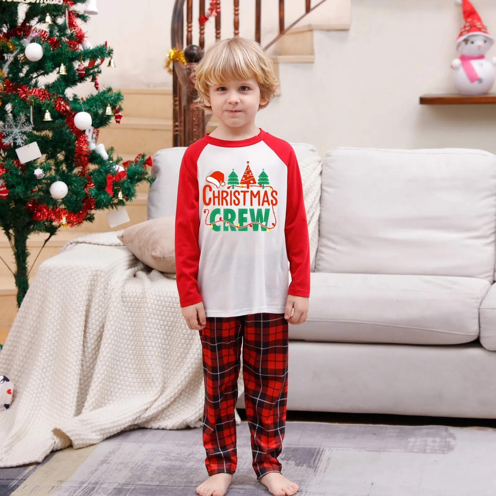 Christmas Cousin Crew red plaid parent-child pajamas set with Christmas hat print