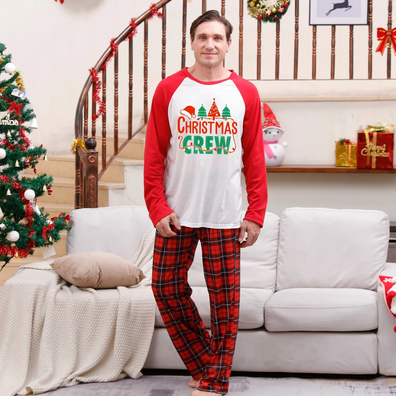 Christmas Cousin Crew red plaid parent-child pajamas set with Christmas hat print