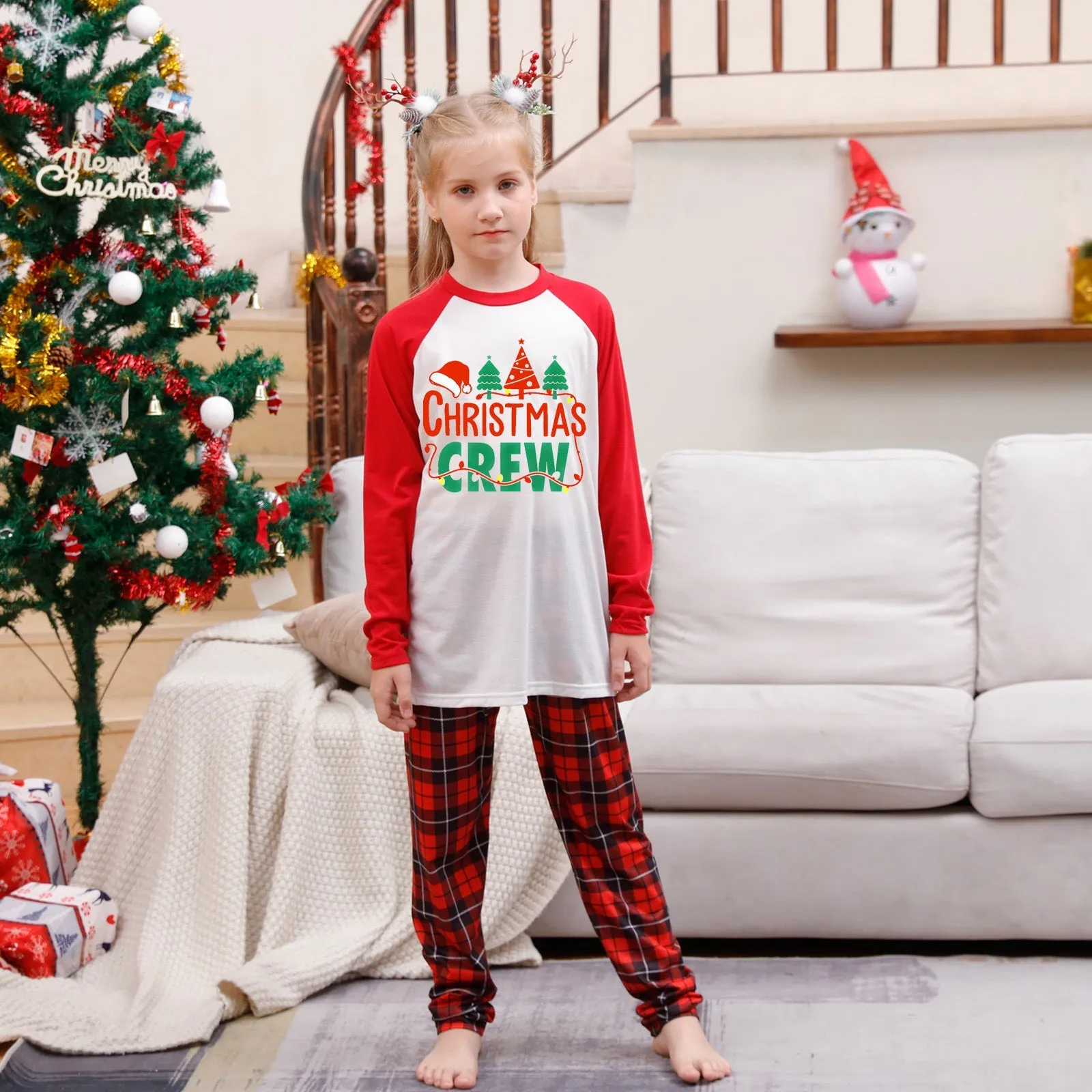 Christmas Cousin Crew red plaid parent-child pajamas set with Christmas hat print