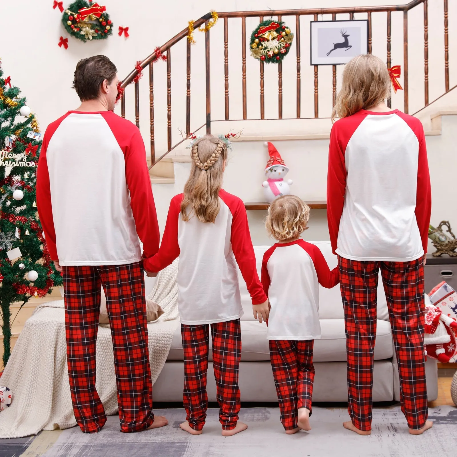 Christmas Cousin Crew red plaid parent-child pajamas set with Christmas hat print