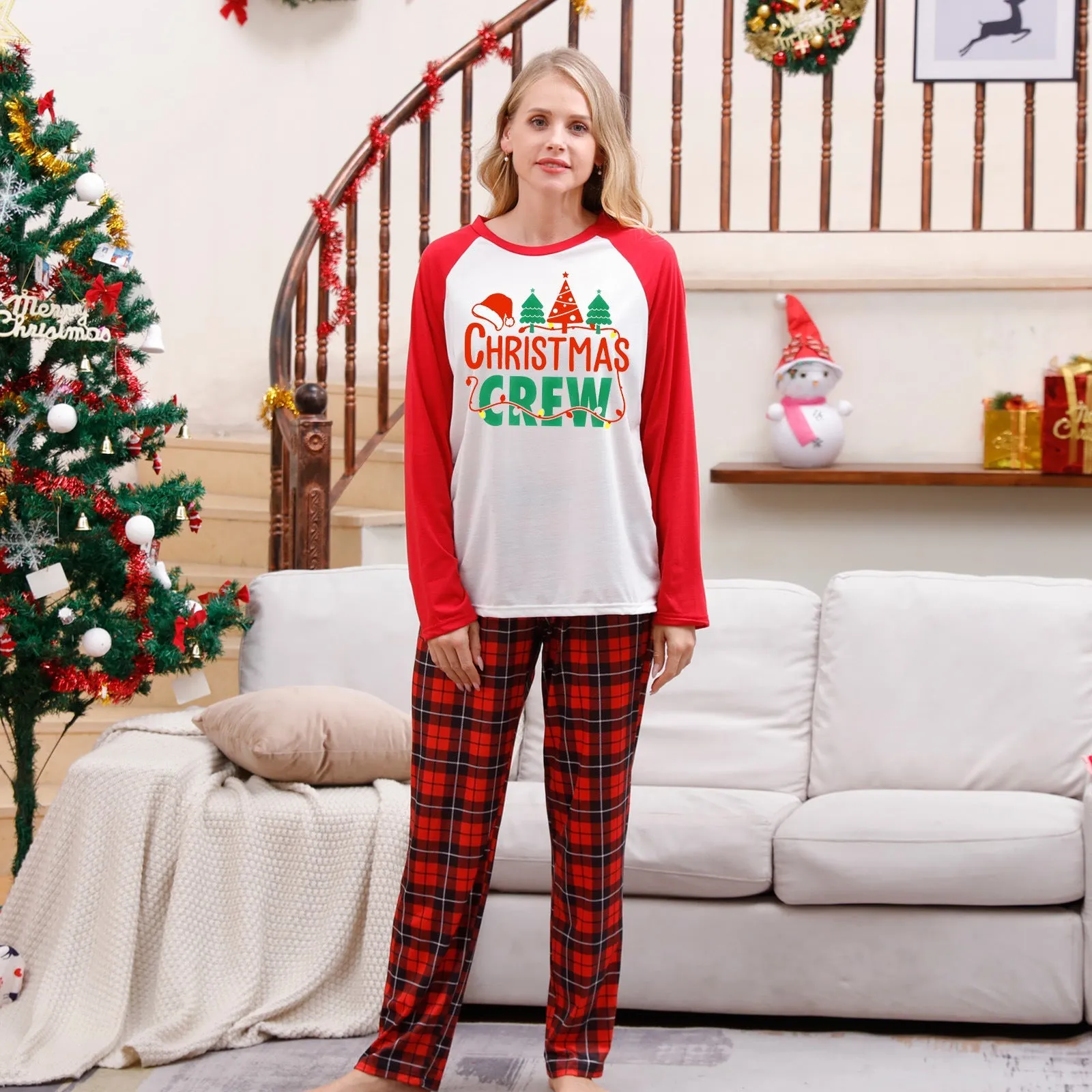 Christmas Cousin Crew red plaid parent-child pajamas set with Christmas hat print