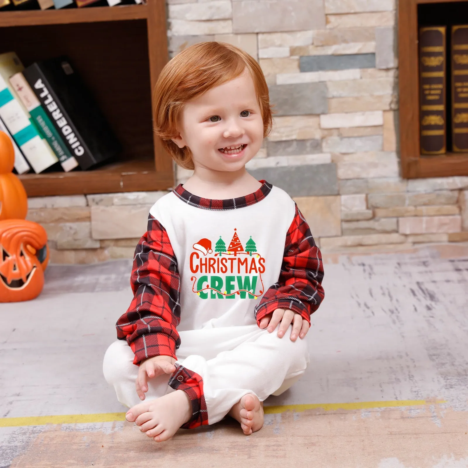 Christmas Cousin Crew red plaid parent-child pajamas set with Christmas hat print