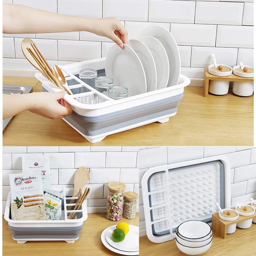 Collapsible Dish Drainer/Dish Drying Rack with Spoon Storage Holder Utensil Dinnerware Travel Organizer - Heavy Duty Plastic & Silicone