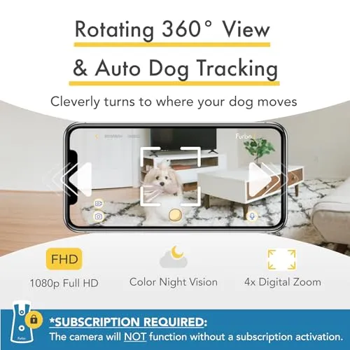 Furbo 360° Dog Camera w/Subscription [Premium Safety Package, 2023] Smart Camera Designed for Dogs, 360° View, Tracking, Treat toss, Barking Detection, Home Emergency alerts. Subscription Required