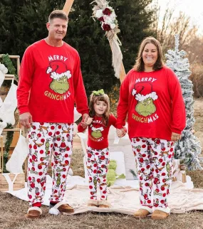 “Merry Christmas” Family Matching Grinch Cartoon Print Pajama Set
