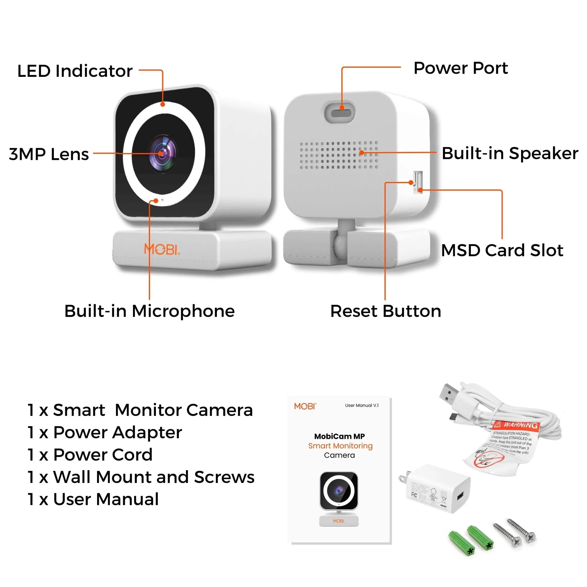 MobiCam Baby & Home Monitor Camera, MobiCam MP Pet Camera, AI Motion Detection, 3 Megapixel, 2-Way Audio, Night Vision, Dual-Band Wi-Fi (2.4/5GHz), BLE Connectivity, Fast 30-Second Setup