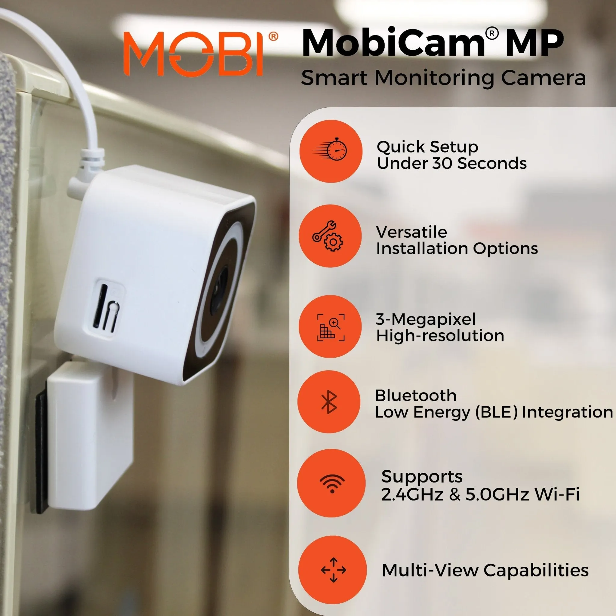 MobiCam Baby & Home Monitor Camera, MobiCam MP Pet Camera, AI Motion Detection, 3 Megapixel, 2-Way Audio, Night Vision, Dual-Band Wi-Fi (2.4/5GHz), BLE Connectivity, Fast 30-Second Setup