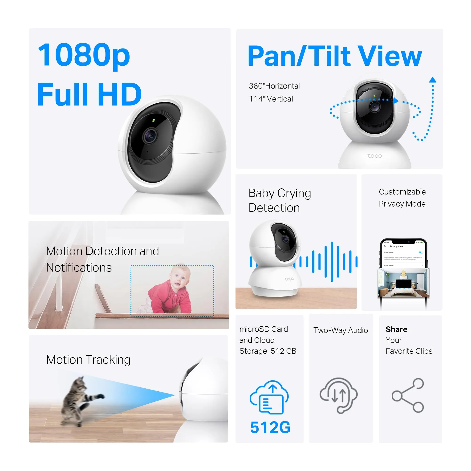 TP-Link Tapo Pan/Tilt Security Camera for Baby Monitor, Pet Camera w/Motion Detection, 1080P, 2-Way Audio, Night Vision, Cloud & SD Card Storage, Works with Alexa & Google Home (Tapo C200)
